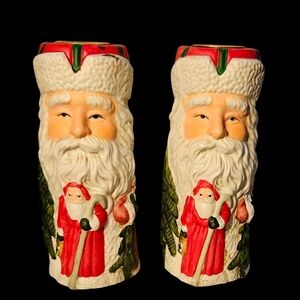 5" Old World Santa Ceramic Taper Candle Holders, Hand Painted Christmas Set